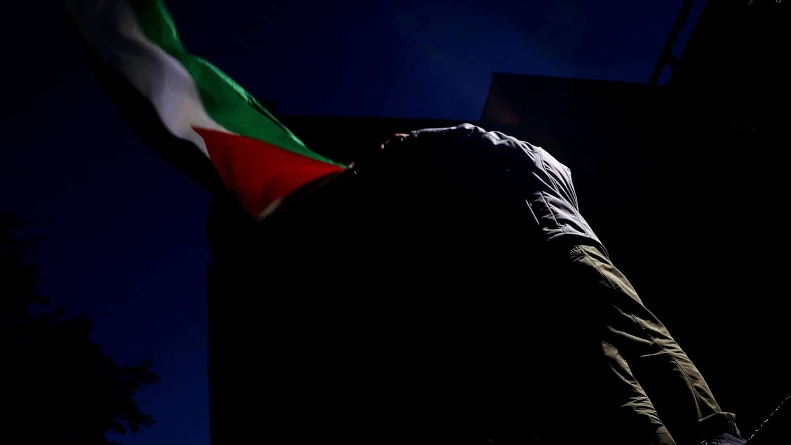 Un manifestant brandit un drapeau palestinien lors d'une manifestation de d&eacute;nonciation du g&eacute;nocide en cours &agrave; Gaza. Photo: Oona Barrett.